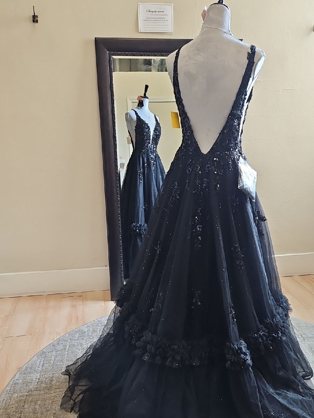 Size 6 Black Tank Strap Open Back Sparkle/Sequin Ballgown By Amarra - Picture 13 of 15